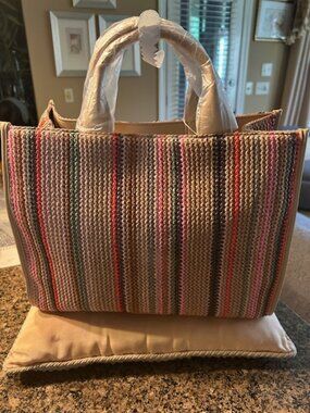 Antonio Melani Straw Raffia Striped Book Adjustable Crossbody Drop Tote Bag